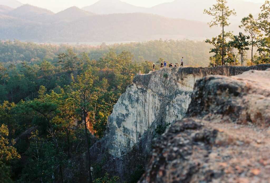 A man standing on top of a cliff next to a forest