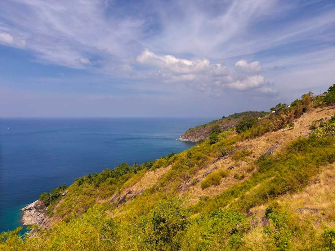 A scenic view of the ocean from a hill